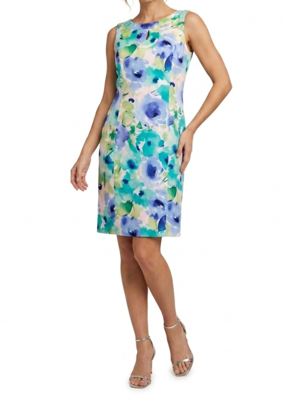 CHAPS Watercolor Floral Sleeveless Sheath Midi Dress size 8